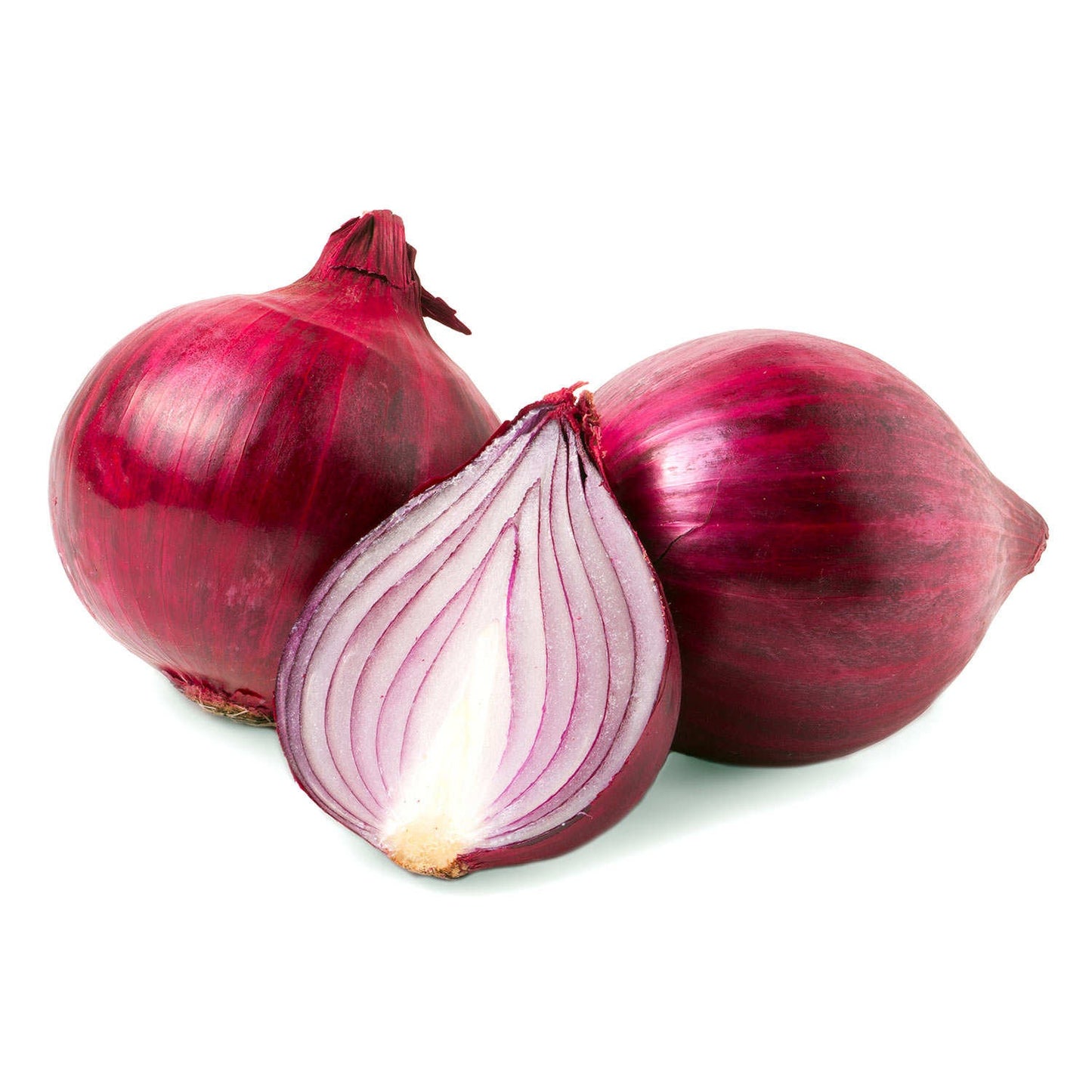 Red onions with one sliced open on a white background